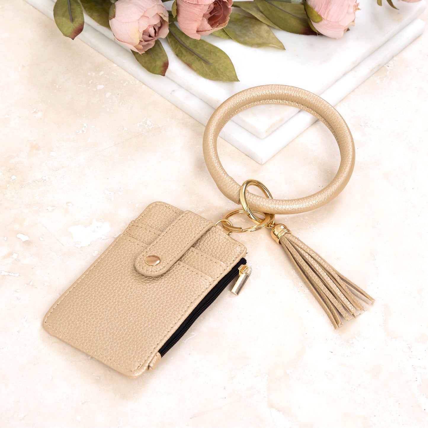 Gold Hardware Key Ring ID Wallet Zip Bracelet with Hidden Zipper Pocket & Tassel | 4" x 3"