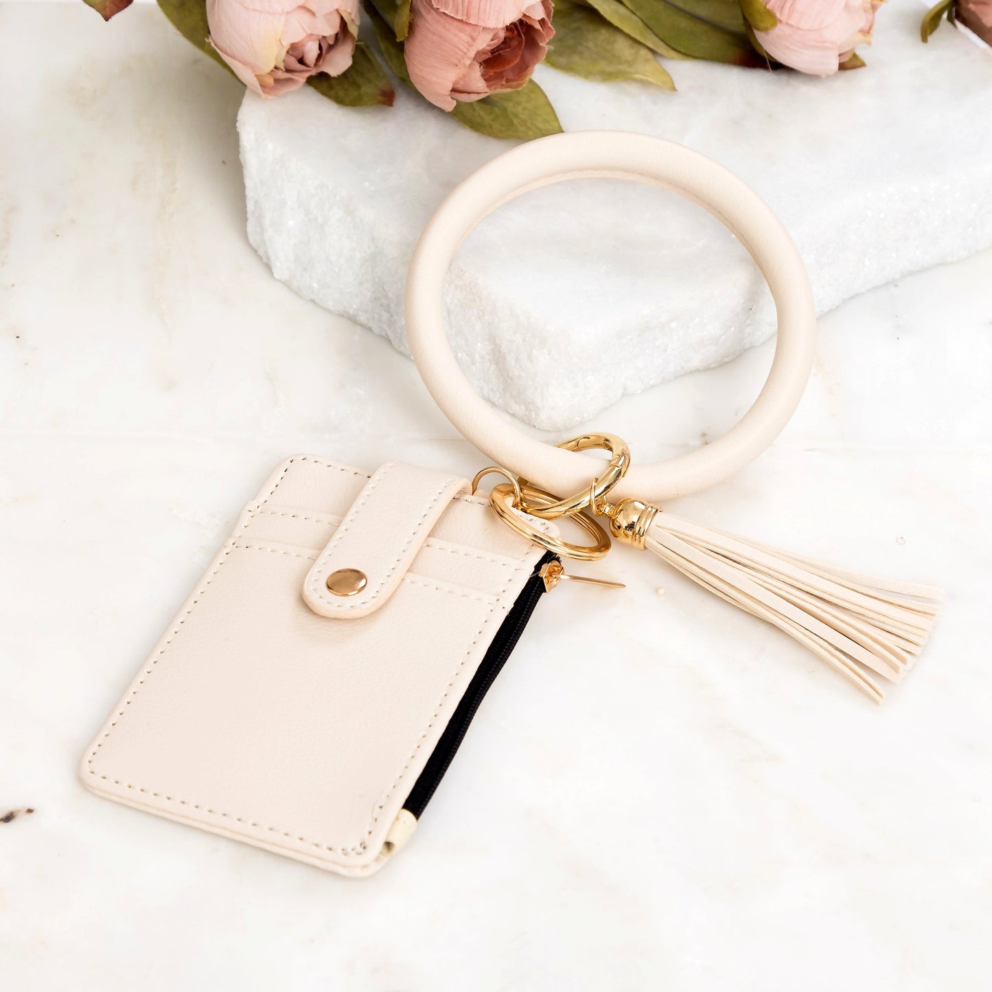 Gold Hardware Key Ring ID Wallet Zip Bracelet with Hidden Zipper Pocket & Tassel | 4" x 3"