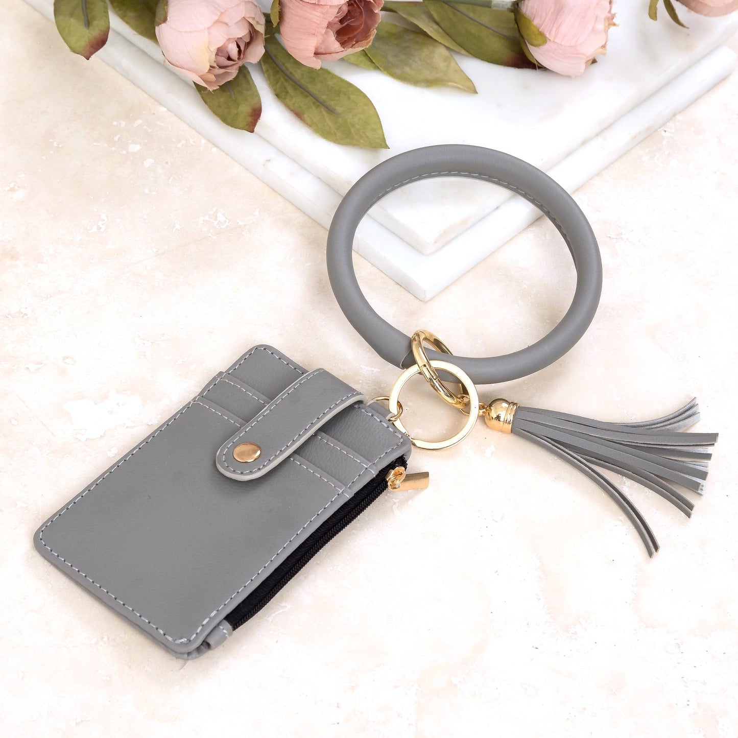 Gold Hardware Key Ring ID Wallet Zip Bracelet with Hidden Zipper Pocket & Tassel | 4" x 3"