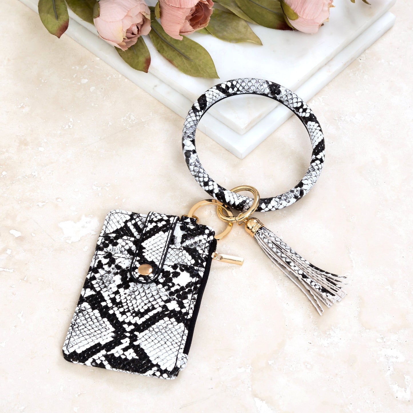 Gold Hardware Key Ring ID Wallet Zip Bracelet with Hidden Zipper Pocket & Tassel | 4" x 3"