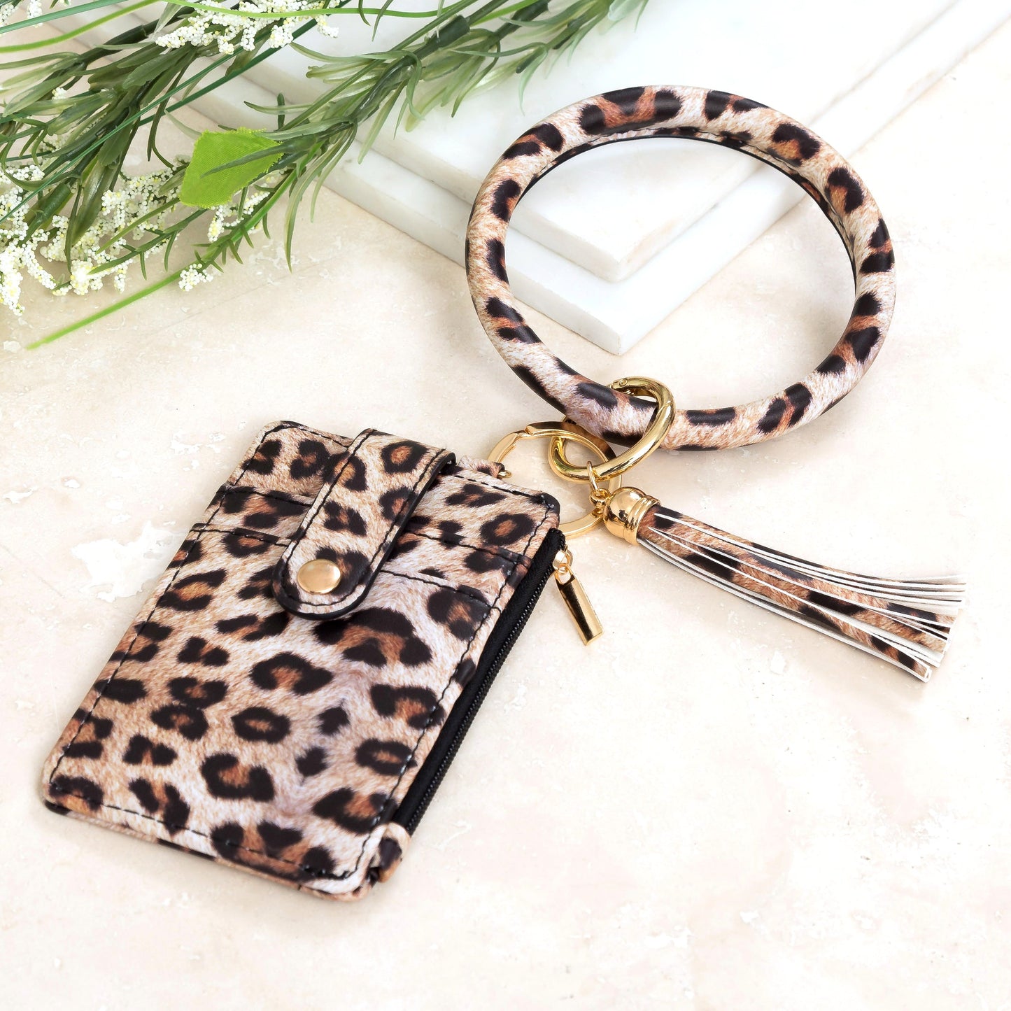 Gold Hardware Key Ring ID Wallet Zip Bracelet with Hidden Zipper Pocket & Tassel | 4" x 3"