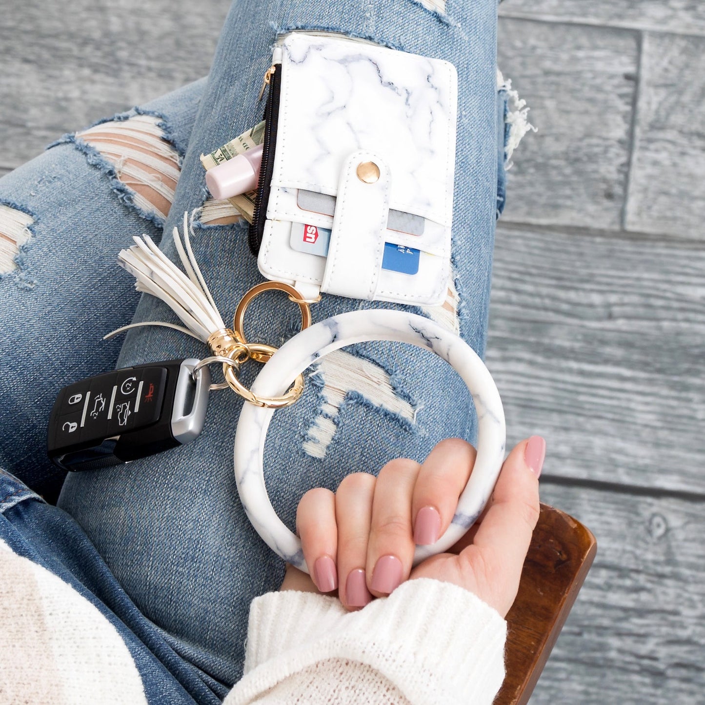 Gold Hardware Key Ring ID Wallet Zip Bracelet with Hidden Zipper Pocket & Tassel | 4" x 3"
