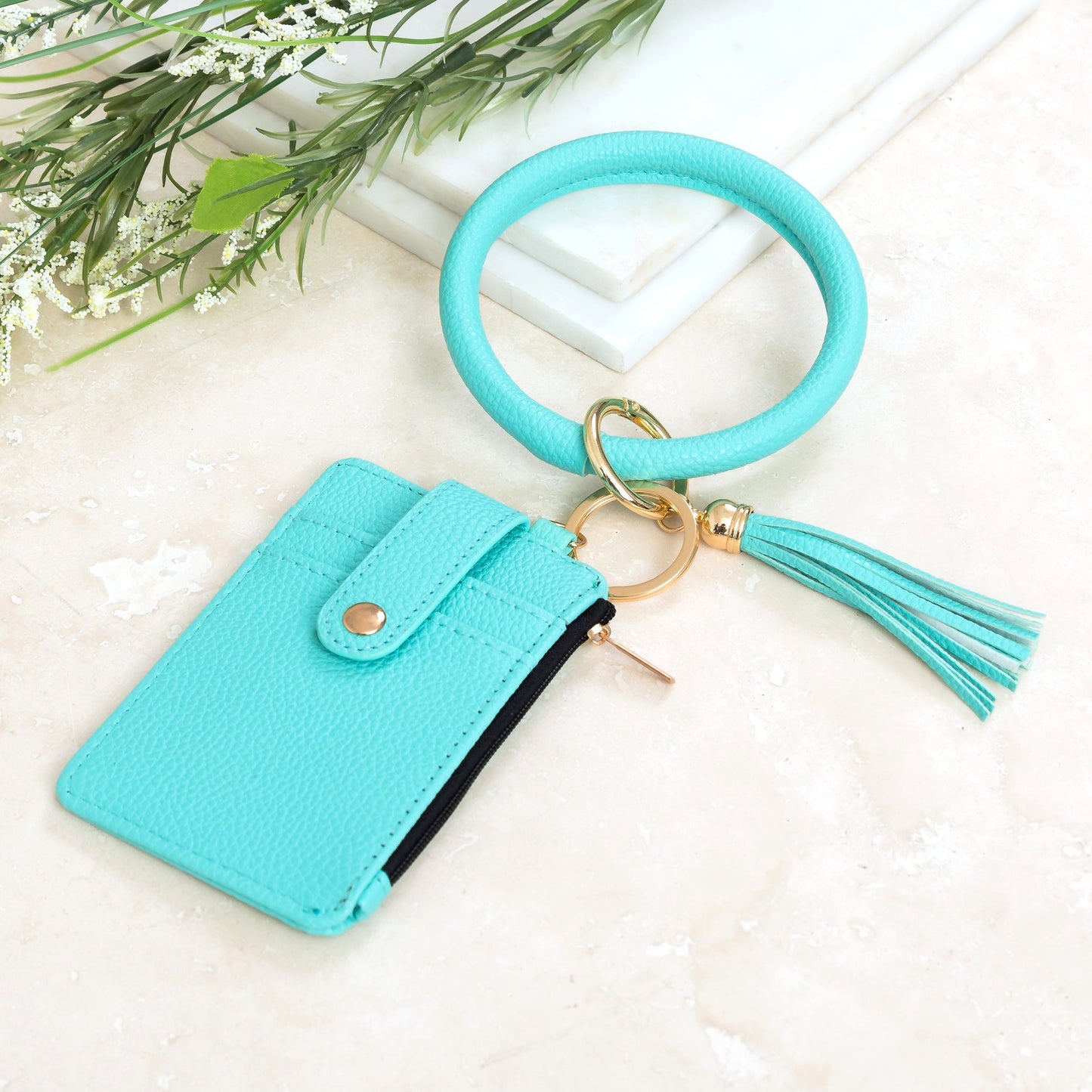 Gold Hardware Key Ring ID Wallet Zip Bracelet with Hidden Zipper Pocket & Tassel | 4" x 3"