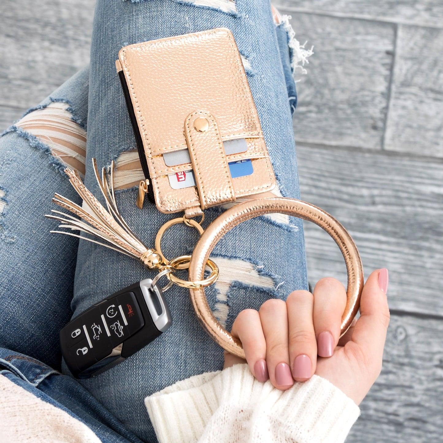Gold Hardware Key Ring ID Wallet Zip Bracelet with Hidden Zipper Pocket & Tassel | 4" x 3"
