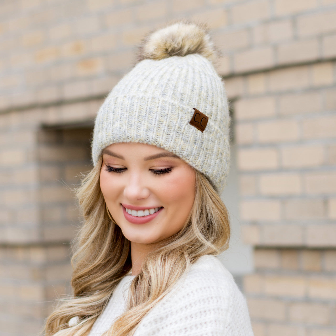 C.C® Acrylic Nylon Cozy Marled Knit Faux Fur Pom Beanie | One Size