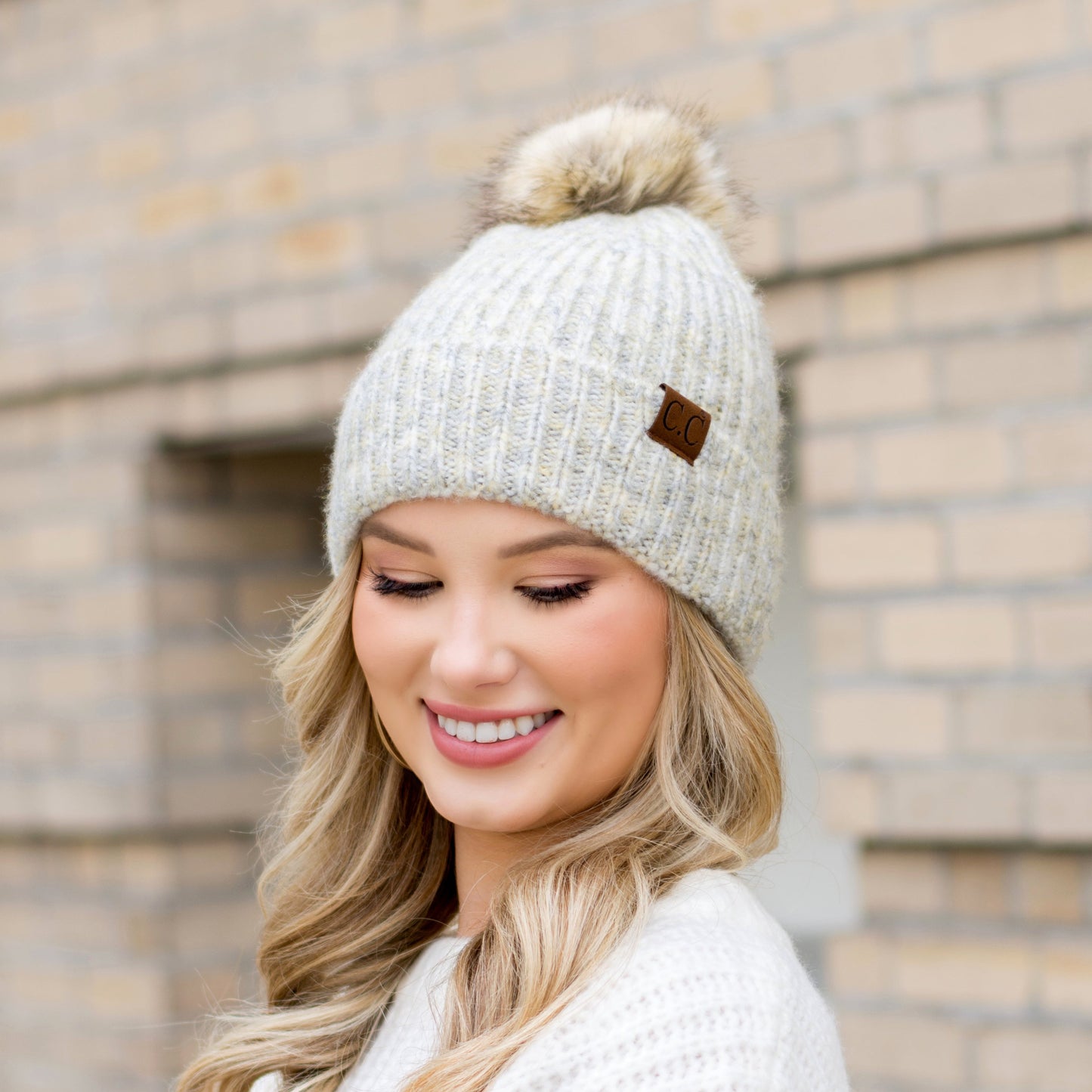 C.C® Acrylic Nylon Cozy Marled Knit Faux Fur Pom Beanie | One Size