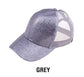 C.C® Glitter Polyester Brim Mesh Nylon Back Adjustable Messy Bun Ponytail Ball Cap | One Size Teen–Adult
