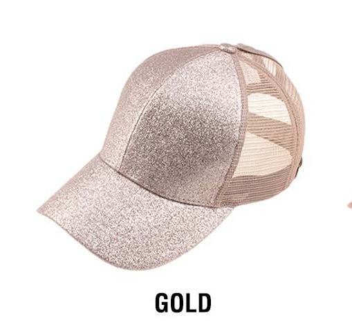 C.C® Glitter Polyester Brim Mesh Nylon Back Adjustable Messy Bun Ponytail Ball Cap | One Size Teen–Adult