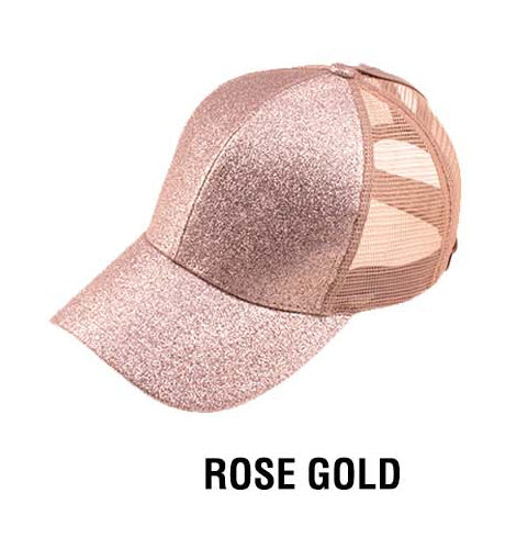 C.C® Glitter Polyester Brim Mesh Nylon Back Adjustable Messy Bun Ponytail Ball Cap | One Size Teen–Adult