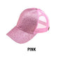 C.C® Glitter Polyester Brim Mesh Nylon Back Adjustable Messy Bun Ponytail Ball Cap | One Size Teen–Adult
