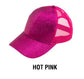 C.C® Glitter Polyester Brim Mesh Nylon Back Adjustable Messy Bun Ponytail Ball Cap | One Size Teen–Adult