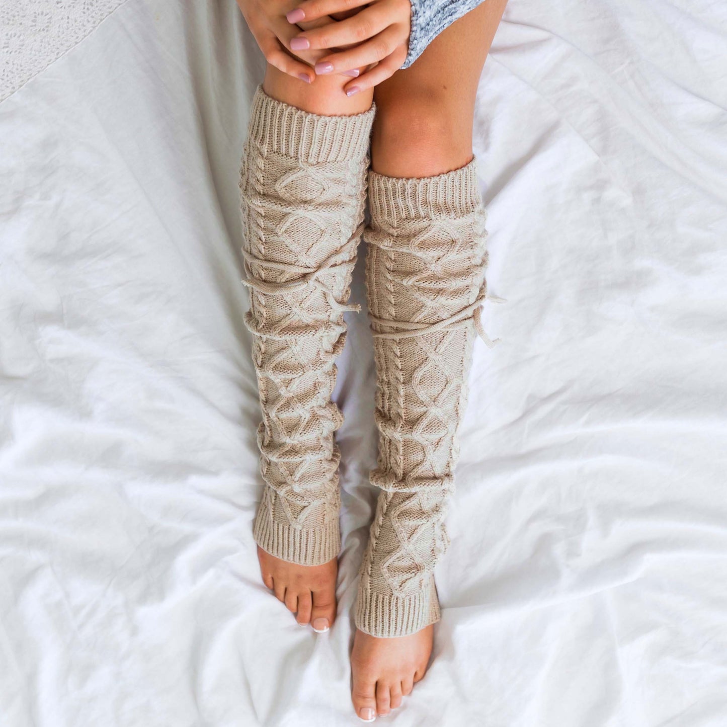 Thick Cable Knit Removable Tie Long Leg Warmers | 25" | One Size