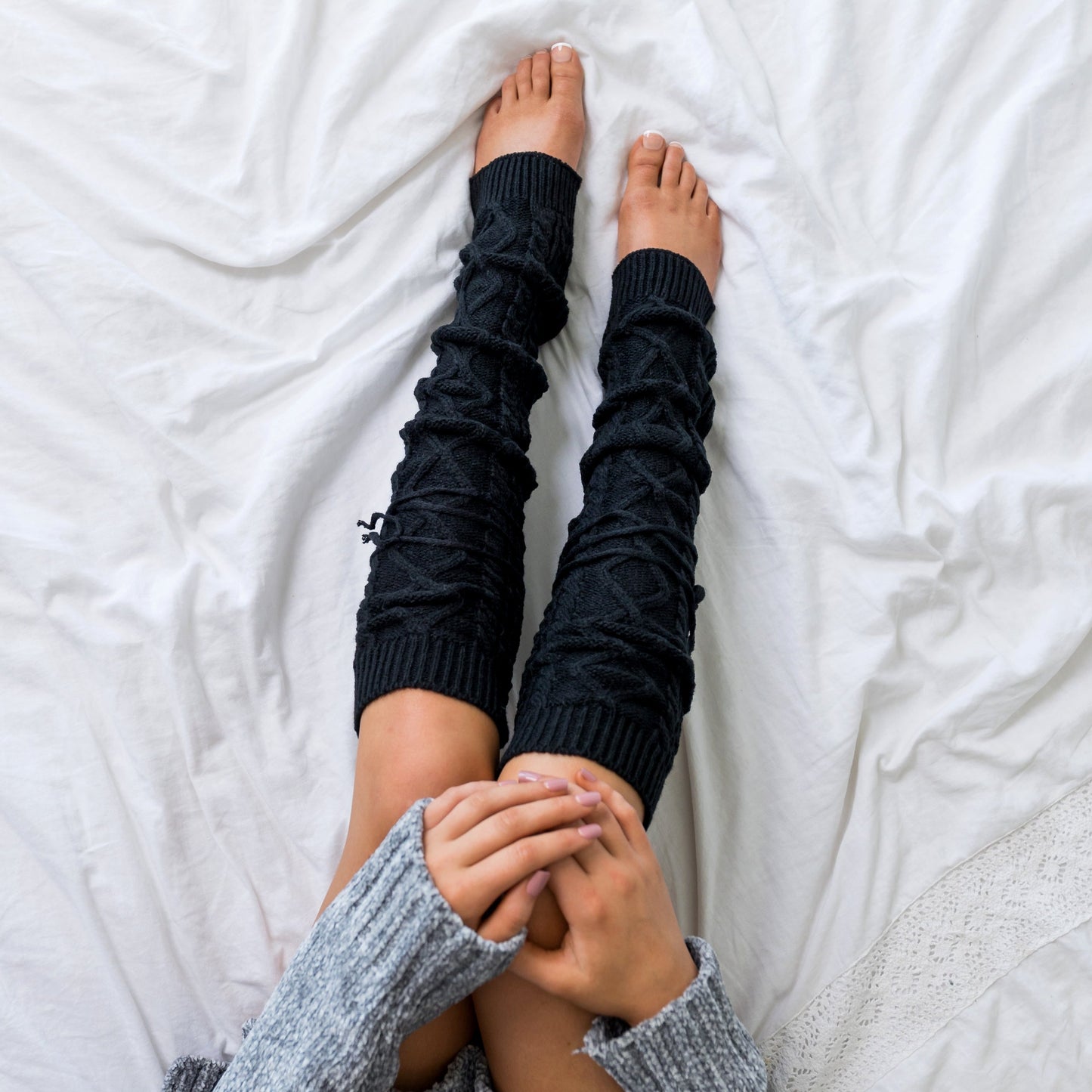 Thick Cable Knit Removable Tie Long Leg Warmers | 25" | One Size