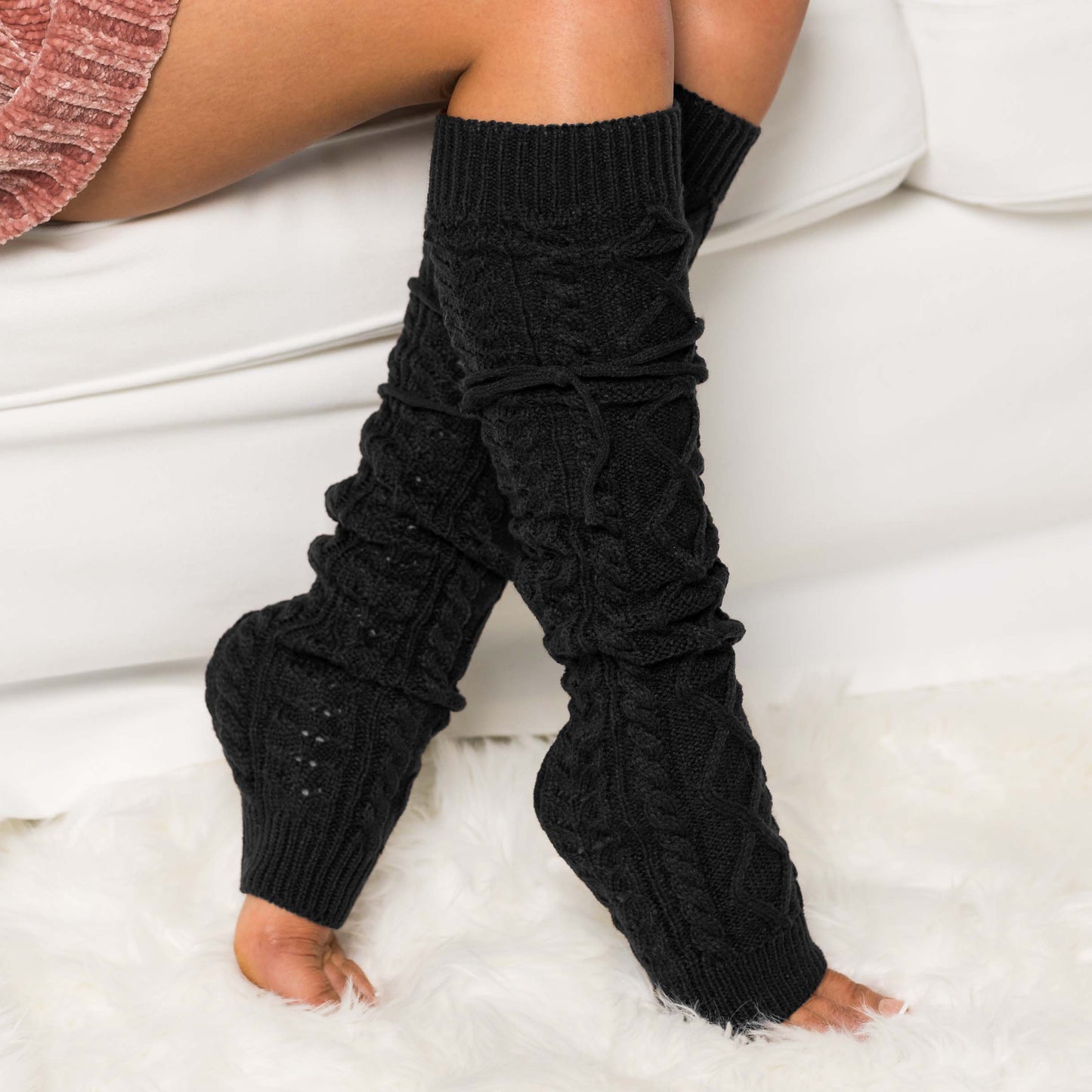 Thick Cable Knit Removable Tie Long Leg Warmers | 25" | One Size