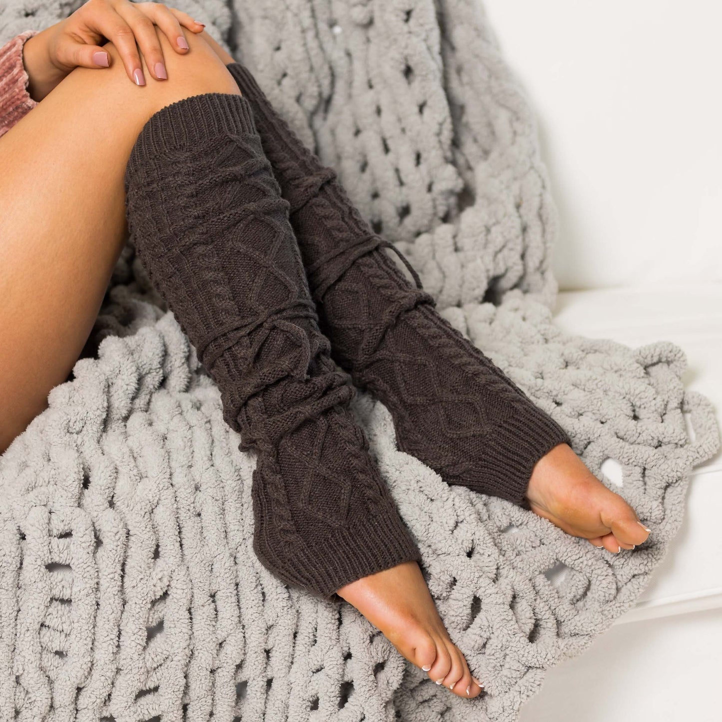 Thick Cable Knit Removable Tie Long Leg Warmers | 25" | One Size