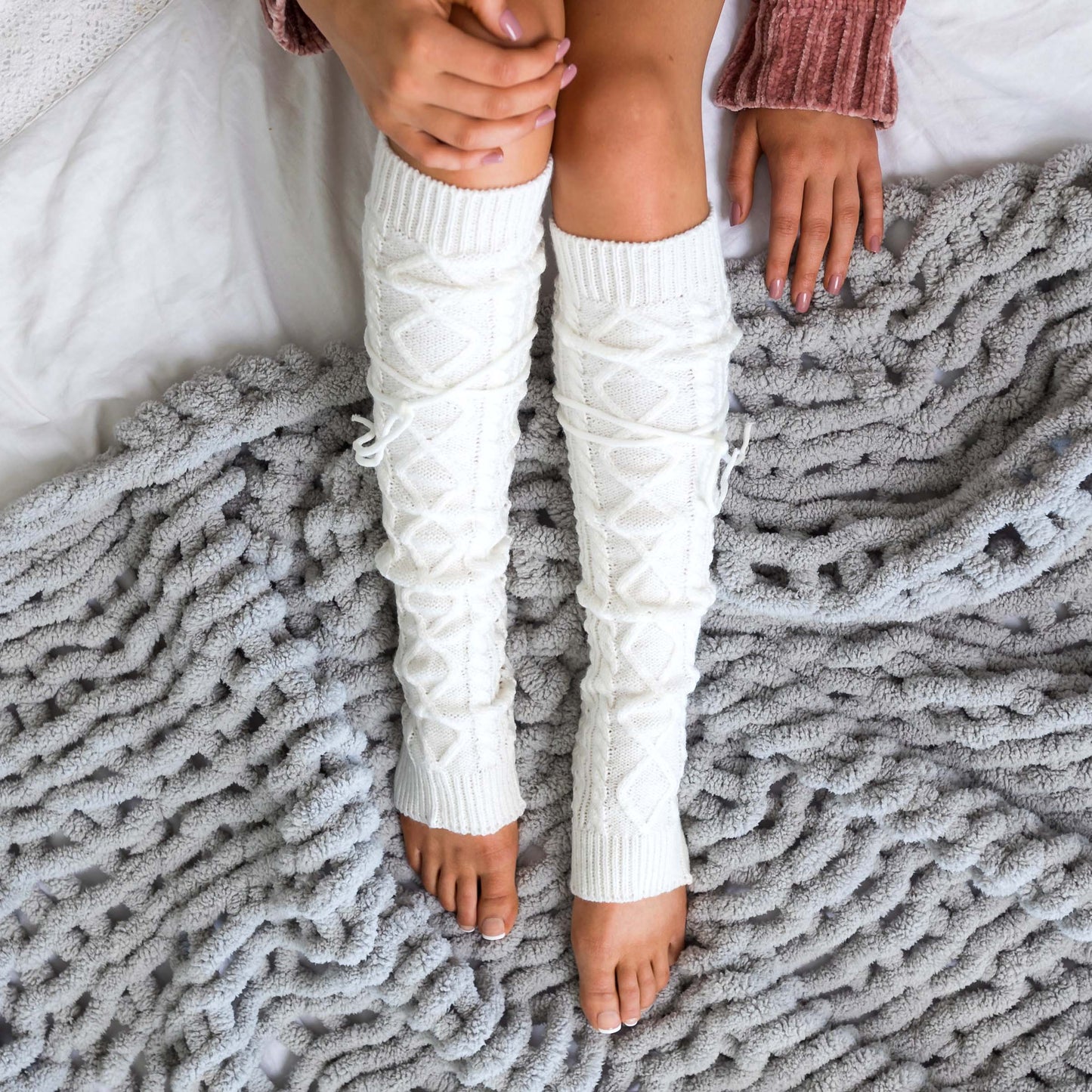 Thick Cable Knit Removable Tie Long Leg Warmers | 25" | One Size