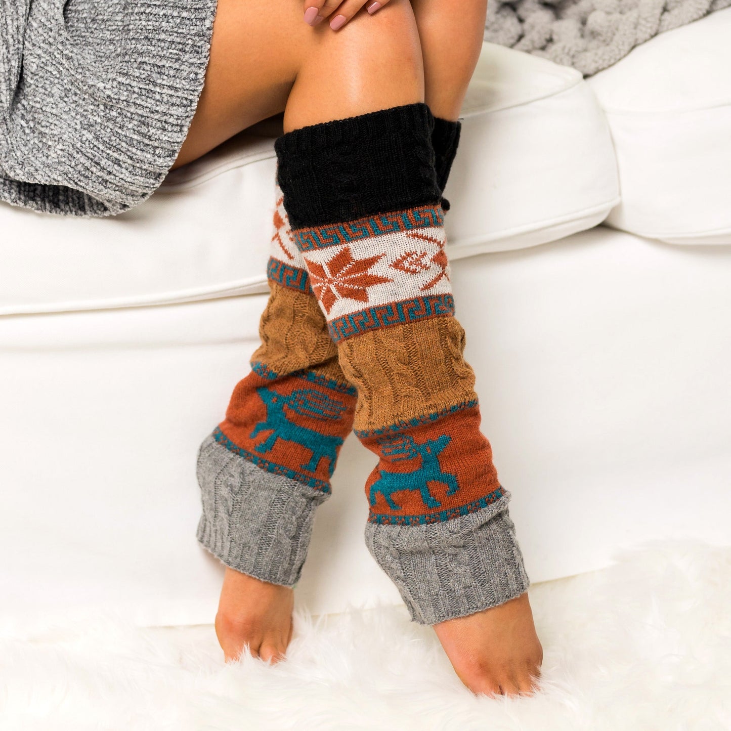 100% Soft-Spun Acrylic Thick Knit Nordic Snowflake Color Block Leg Warmers | 19" | Teen–Adult