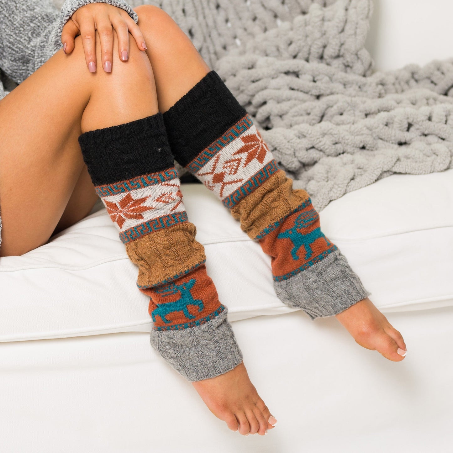 100% Soft-Spun Acrylic Thick Knit Nordic Snowflake Color Block Leg Warmers | 19" | Teen–Adult