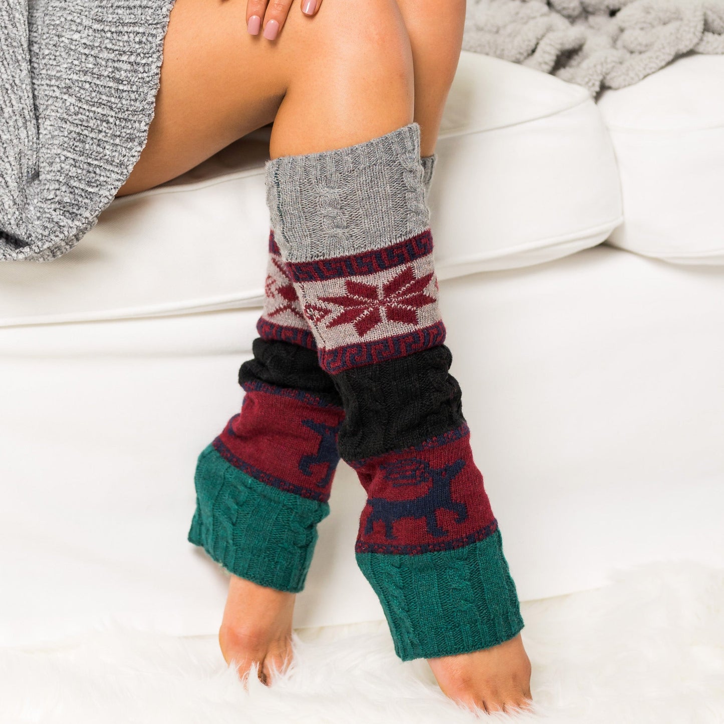 100% Soft-Spun Acrylic Thick Knit Nordic Snowflake Color Block Leg Warmers | 19" | Teen–Adult