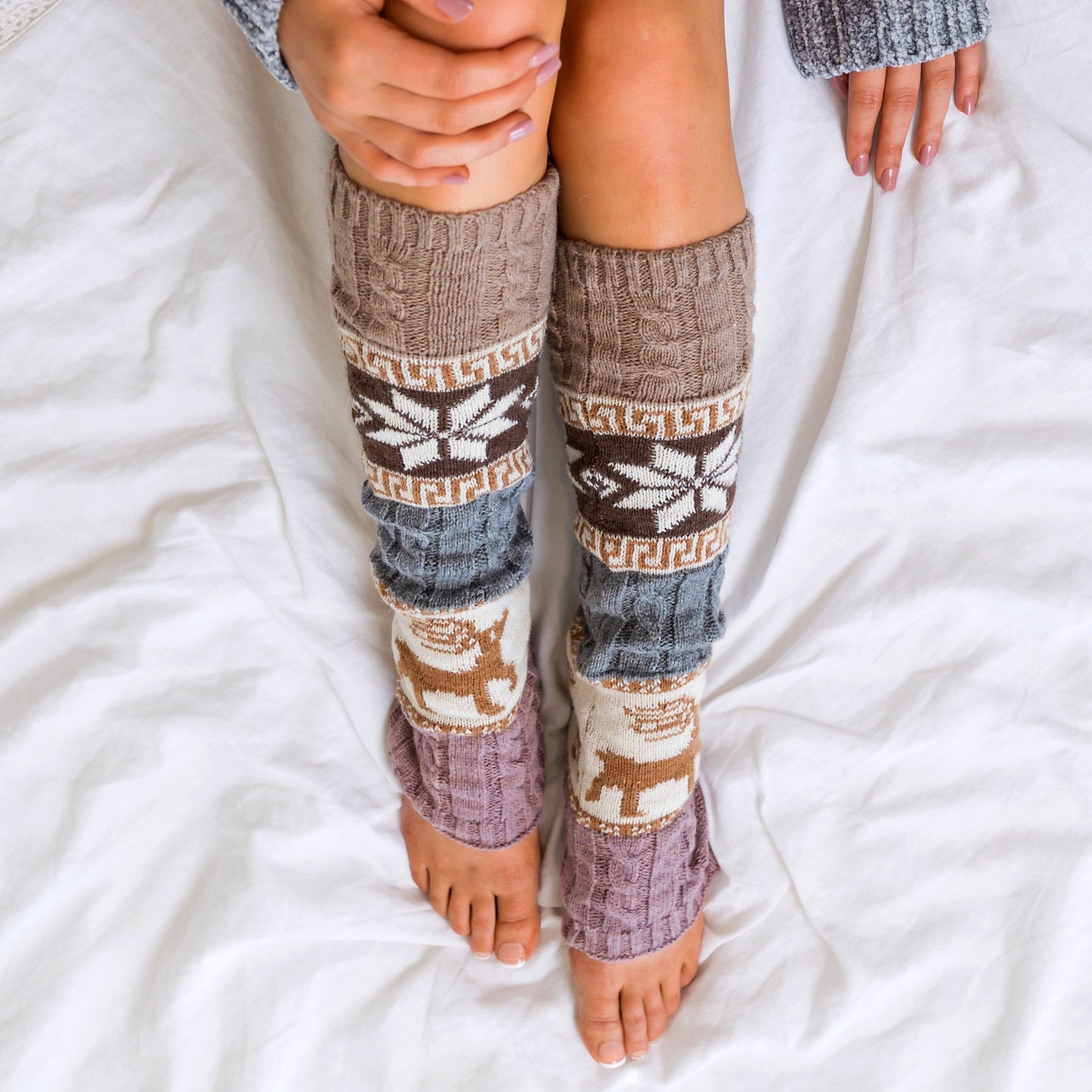 100% Soft-Spun Acrylic Thick Knit Nordic Snowflake Color Block Leg Warmers | 19" | Teen–Adult