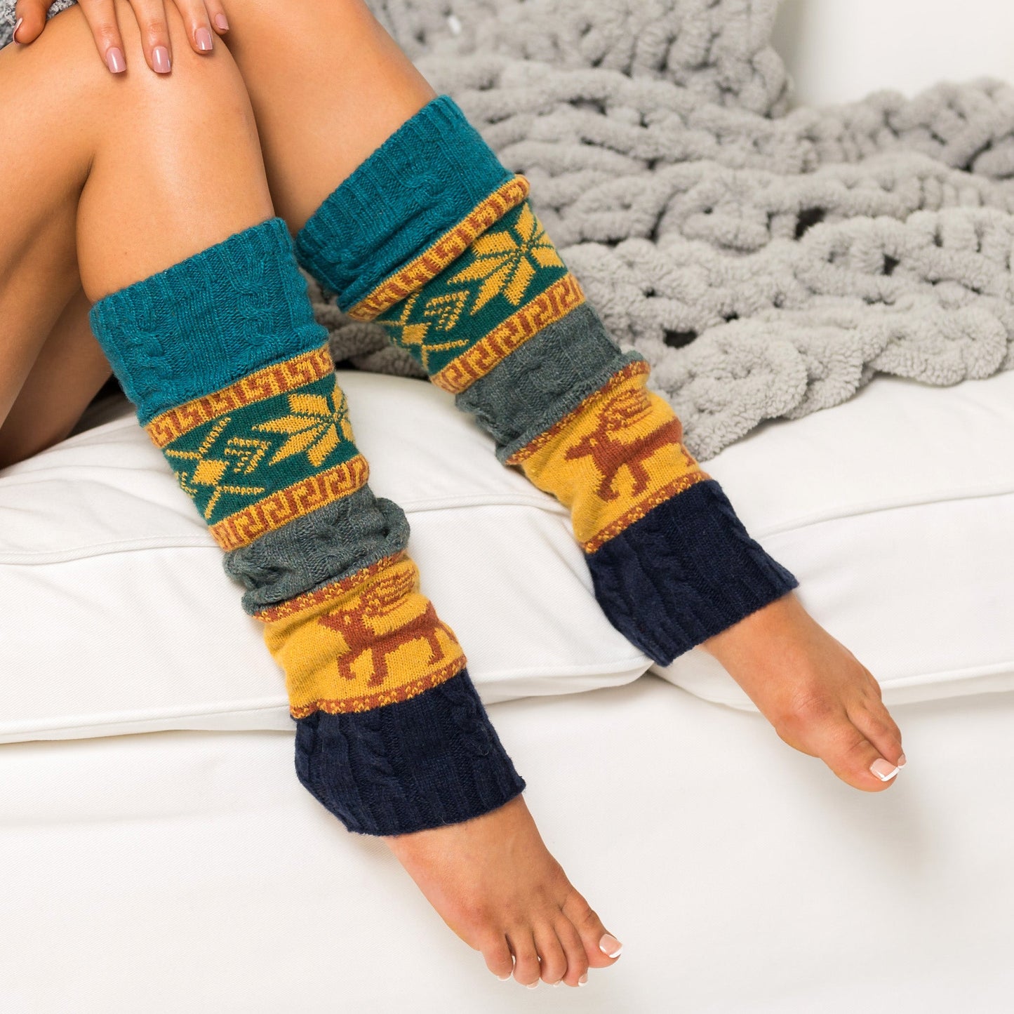 100% Soft-Spun Acrylic Thick Knit Nordic Snowflake Color Block Leg Warmers | 19" | Teen–Adult
