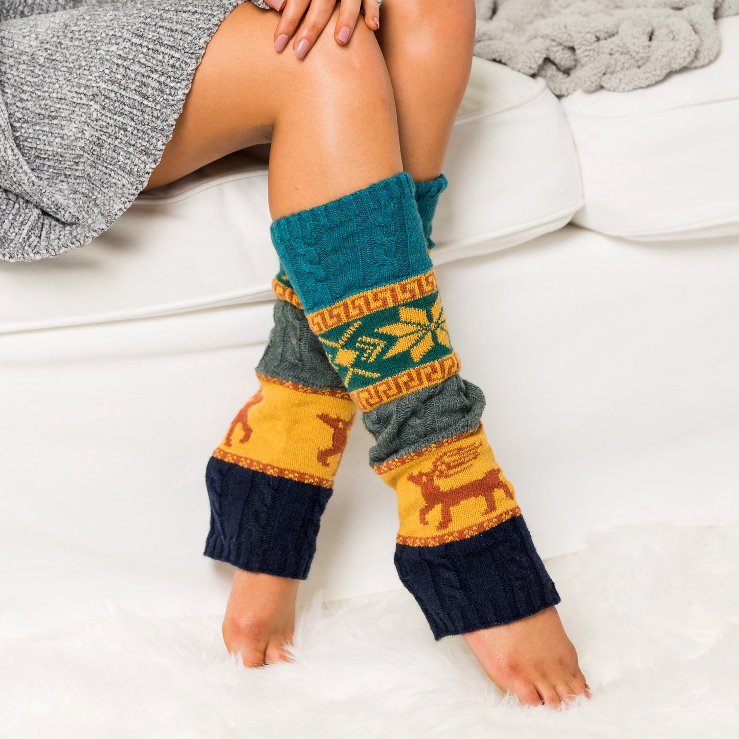 100% Soft-Spun Acrylic Thick Knit Nordic Snowflake Color Block Leg Warmers | 19" | Teen–Adult