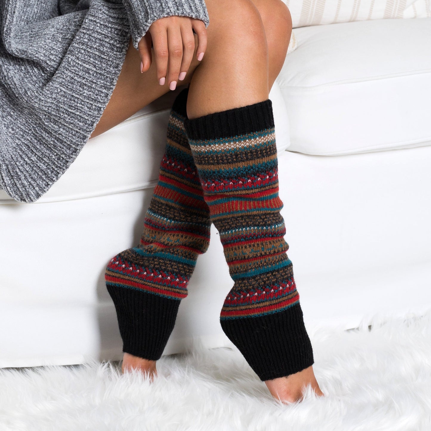 100% Soft Spun Acrylic Thick Knit Fair Isle Print Leg Warmers | 16" | One Size