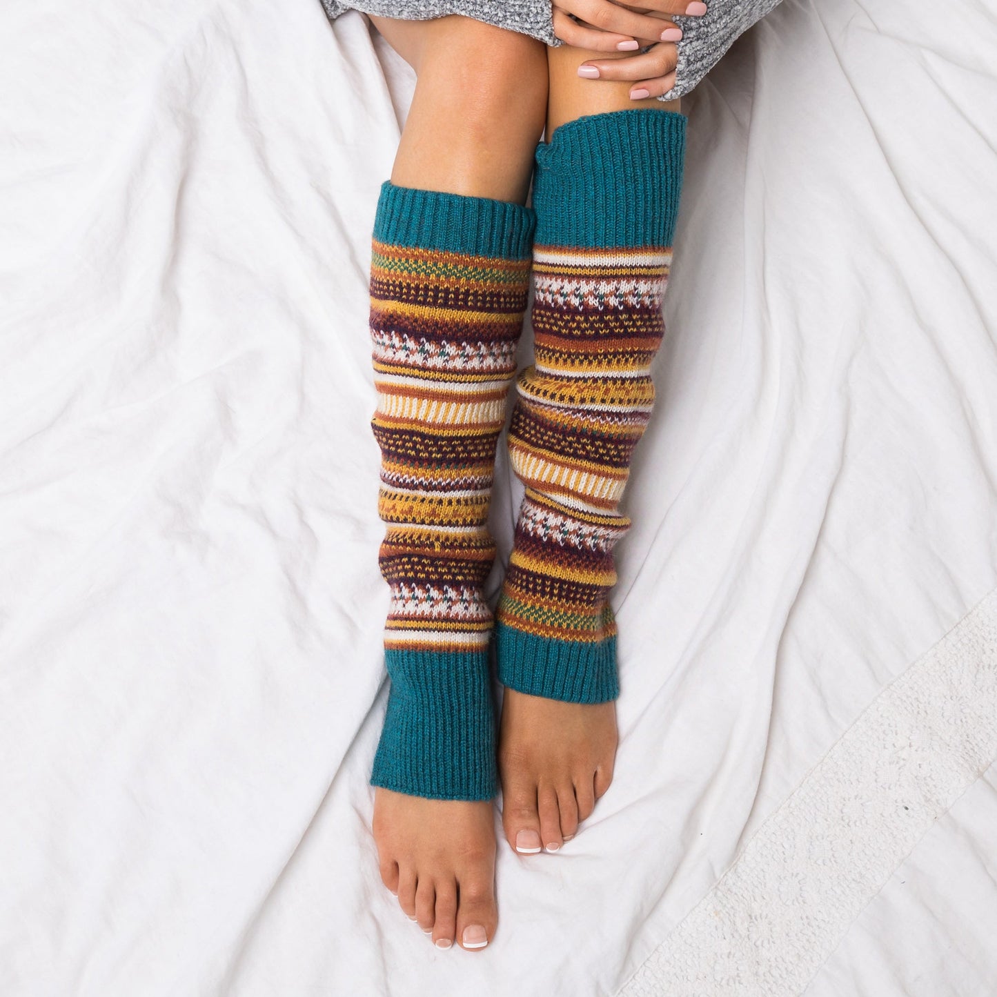 100% Soft Spun Acrylic Thick Knit Fair Isle Print Leg Warmers | 16" | One Size