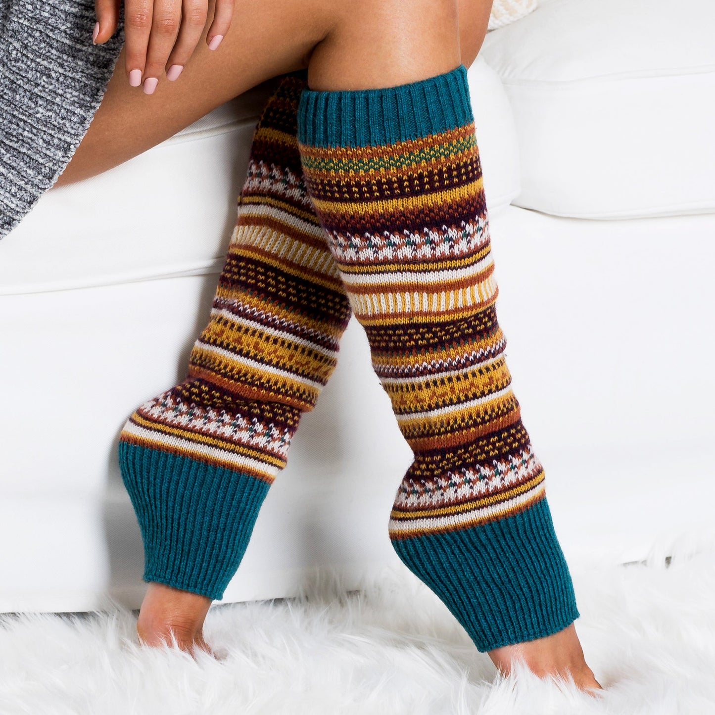 100% Soft Spun Acrylic Thick Knit Fair Isle Print Leg Warmers | 16" | One Size