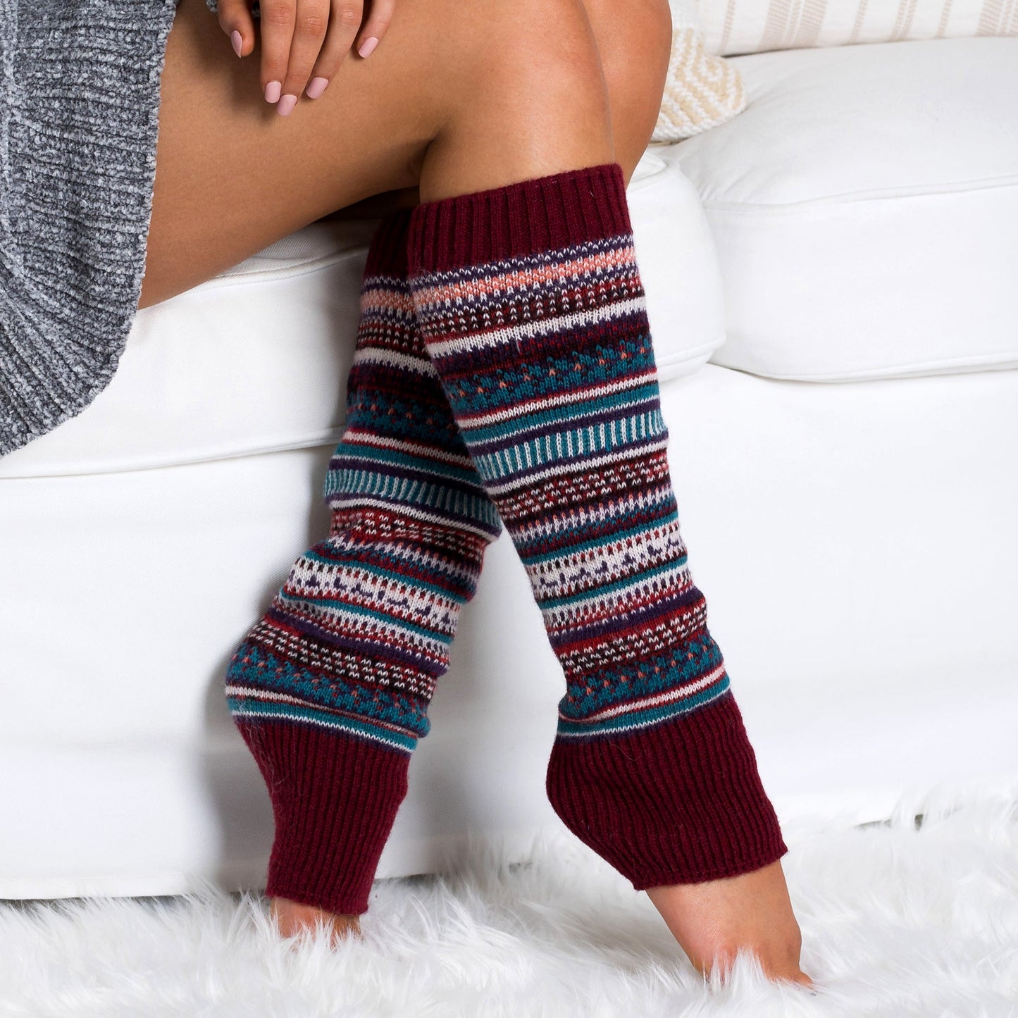 100% Soft Spun Acrylic Thick Knit Fair Isle Print Leg Warmers | 16" | One Size