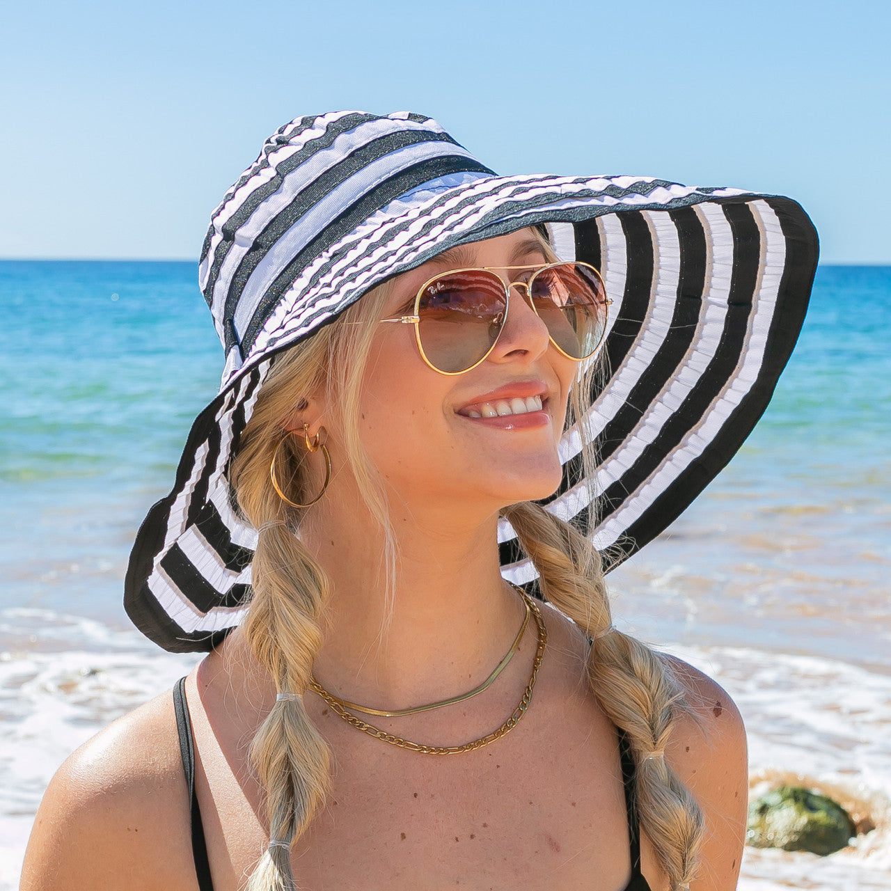 80% Cotton 20% Acrylic Classic Stripe Bow Accent Extra Wide Brim Sun Hat | One Size