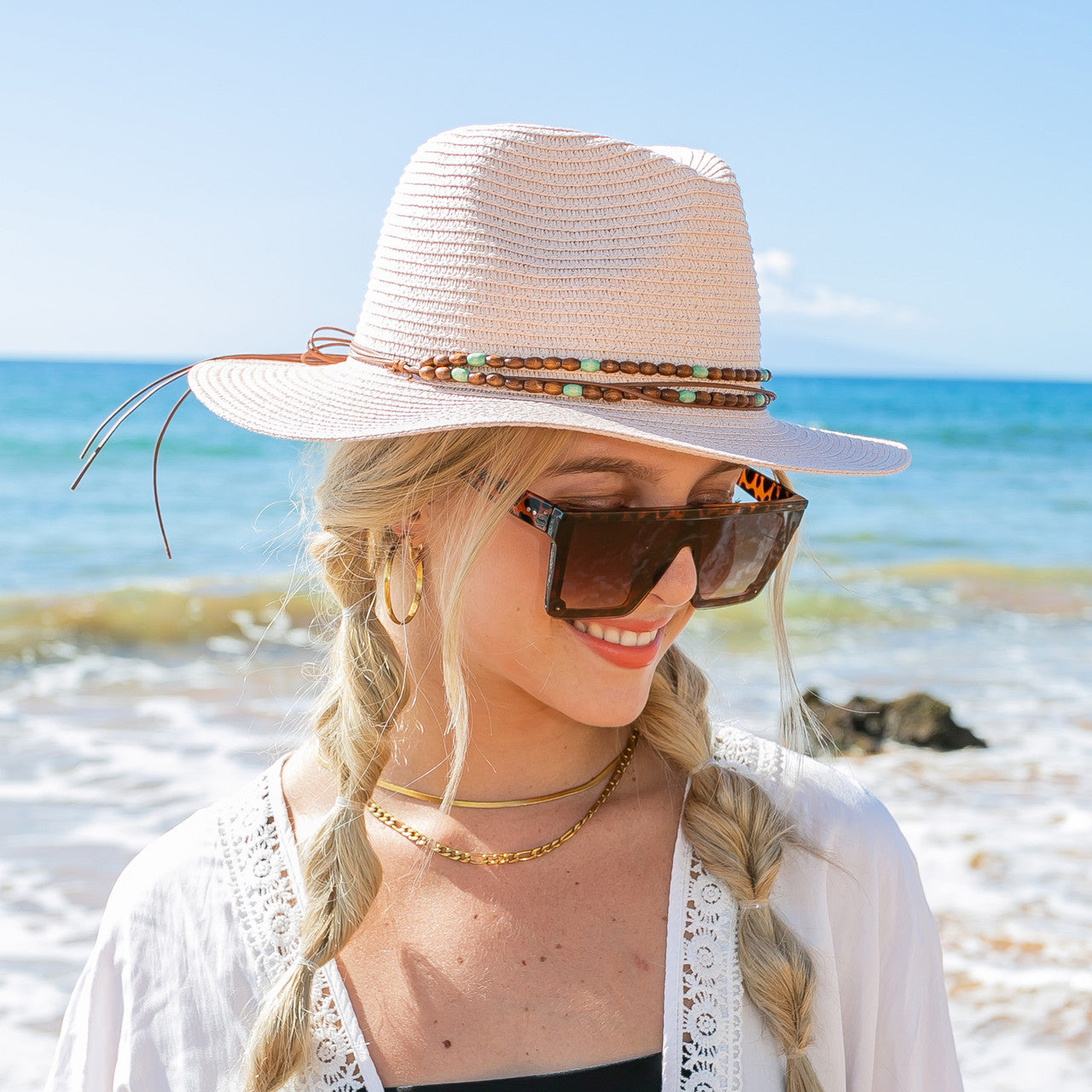 100% Straw Beaded or Embroidered Belt Accent Suede Tie Boho Wide Brim Panama Hat | One Size