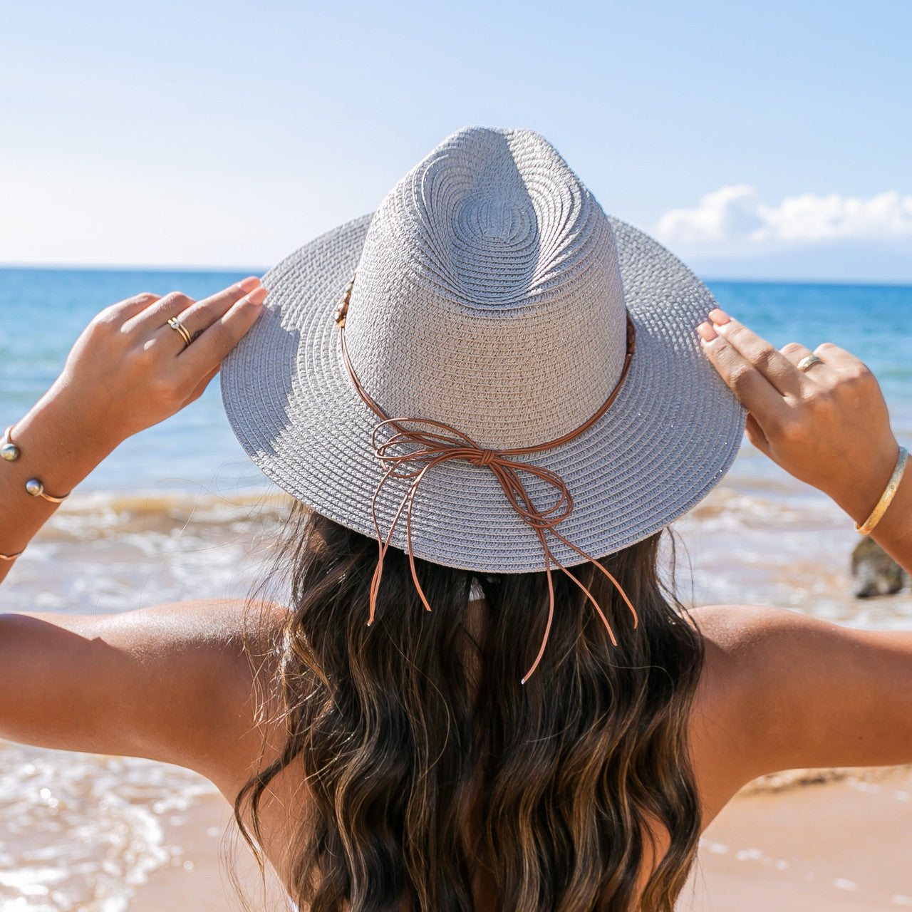 100% Straw Beaded or Embroidered Belt Accent Suede Tie Boho Wide Brim Panama Hat | One Size