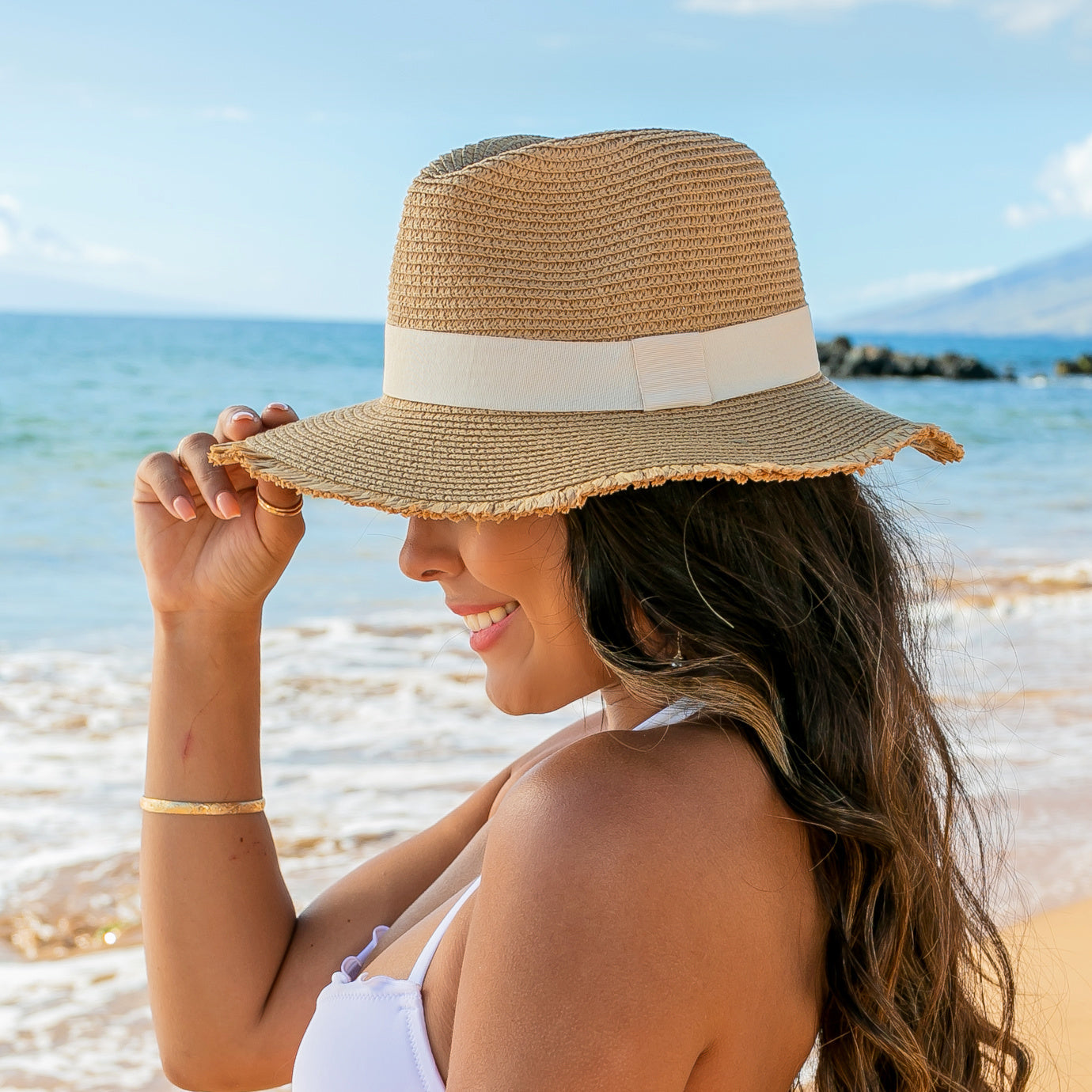 100% Straw Fray Edge Ribbon Accent Wide Brim Panama Sun Hat | One Size