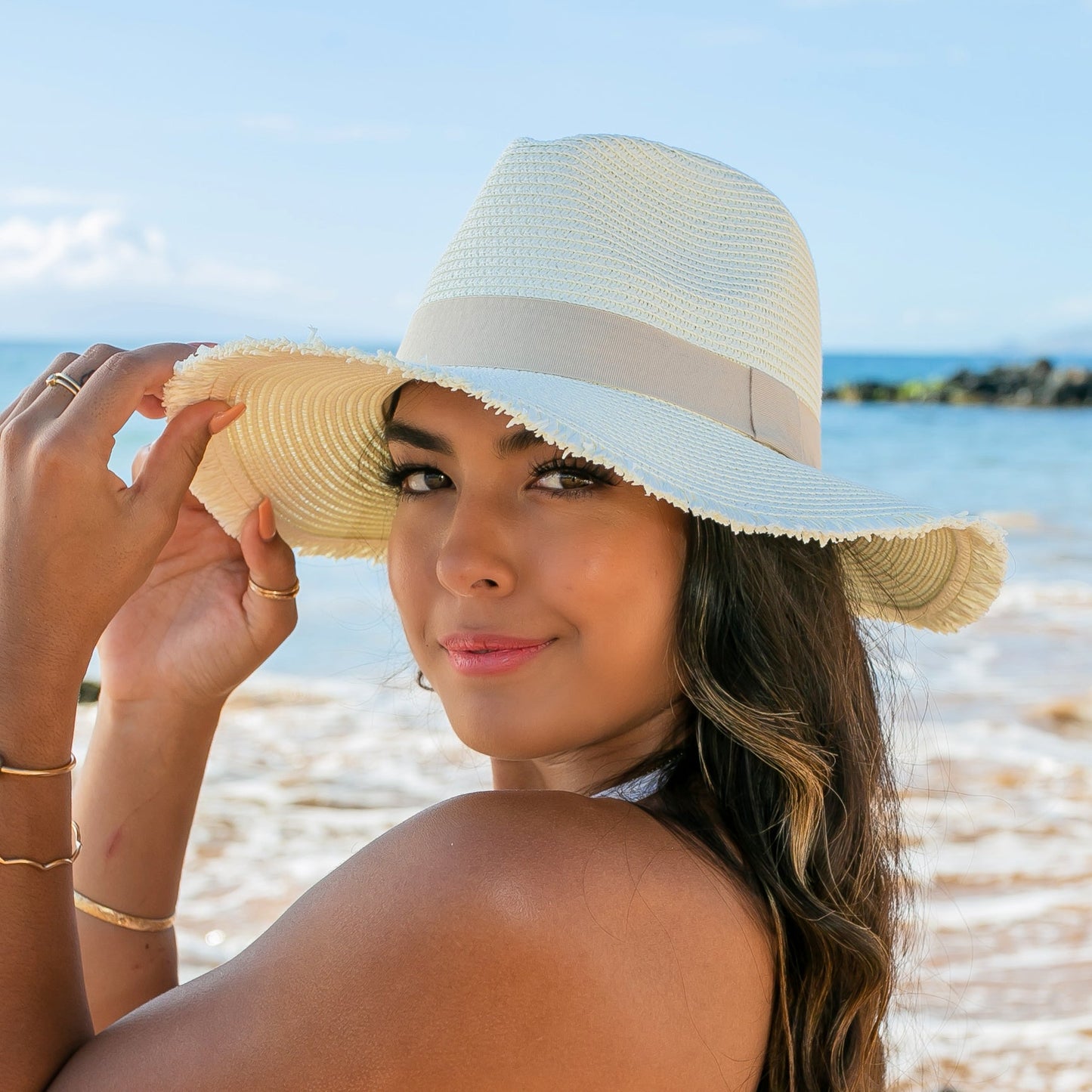 100% Straw Fray Edge Ribbon Accent Wide Brim Panama Sun Hat | One Size