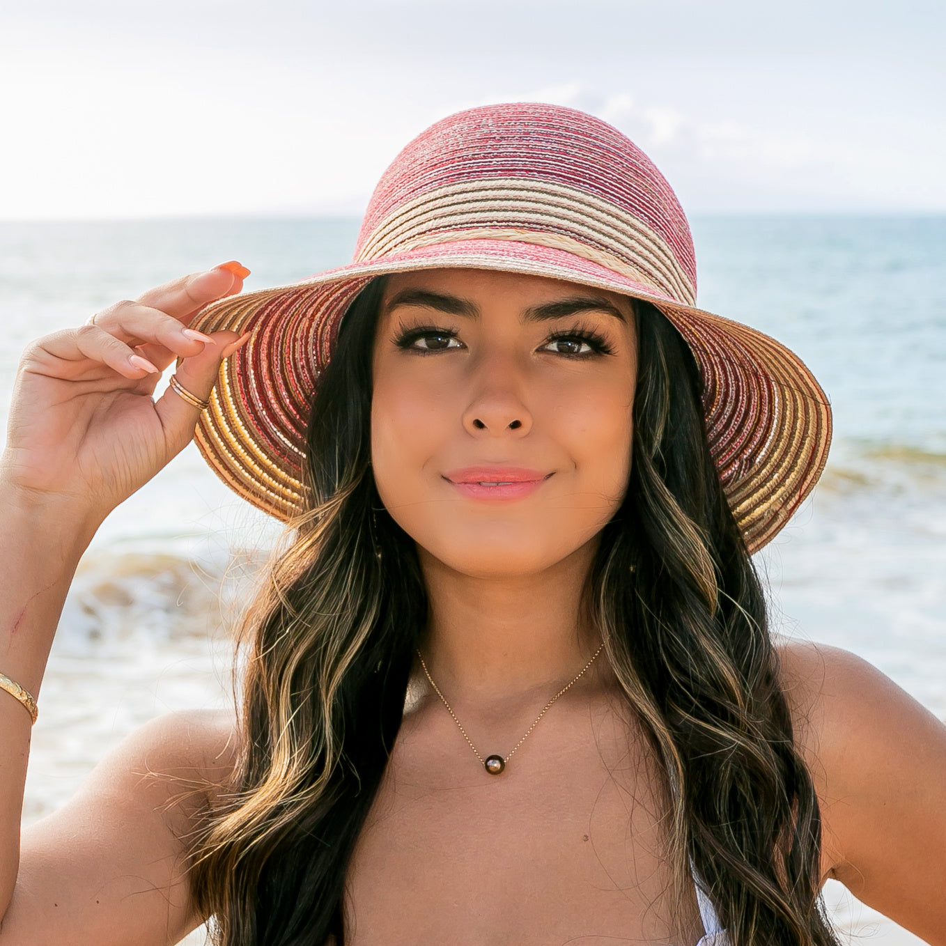 100% Straw Foldable Multi-Stripe Raffia Tie Bow Accent Wide Brim Sun Hat | One Size