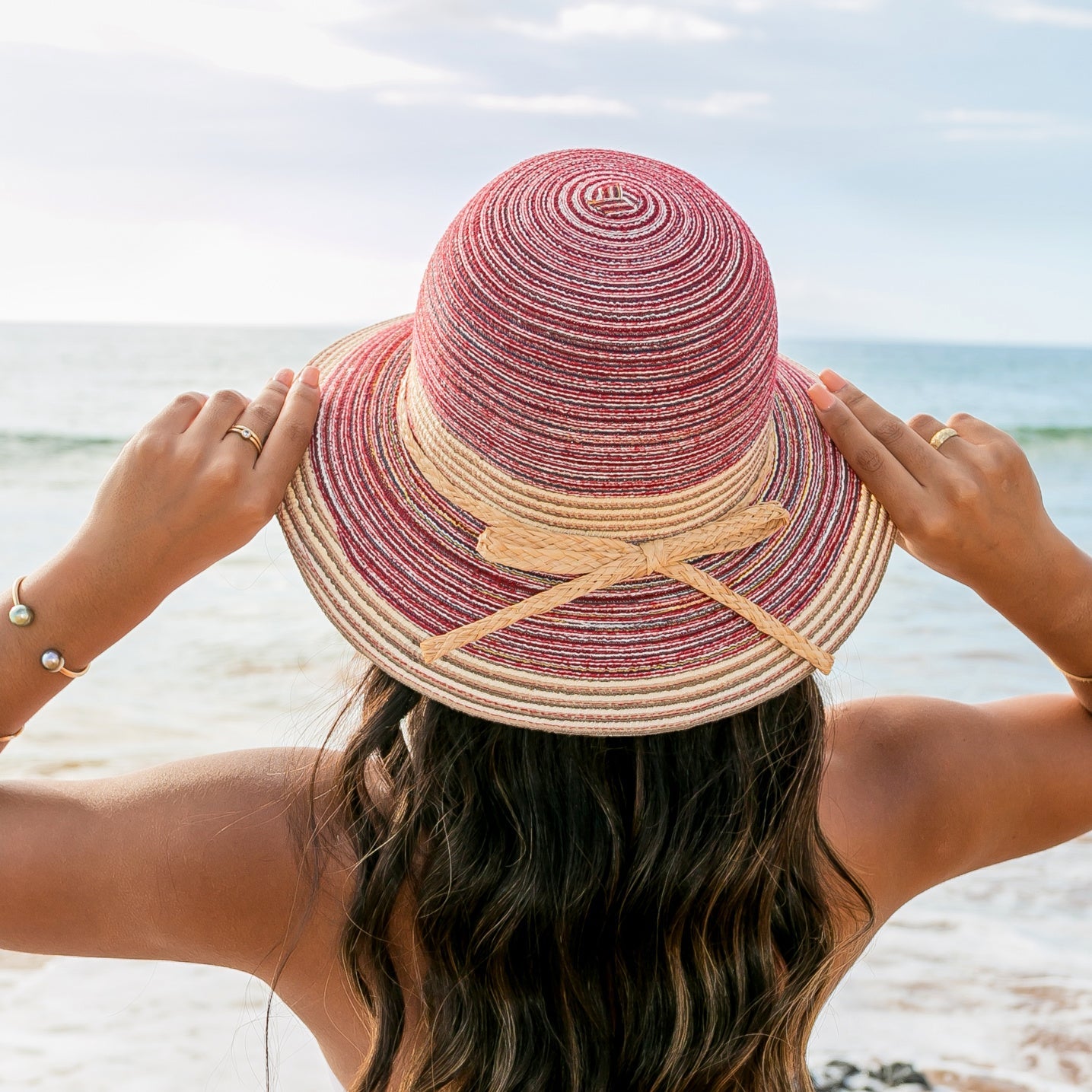 100% Straw Foldable Multi-Stripe Raffia Tie Bow Accent Wide Brim Sun Hat | One Size