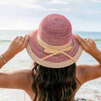 100% Straw Foldable Multi-Stripe Raffia Tie Bow Accent Wide Brim Sun Hat | One Size