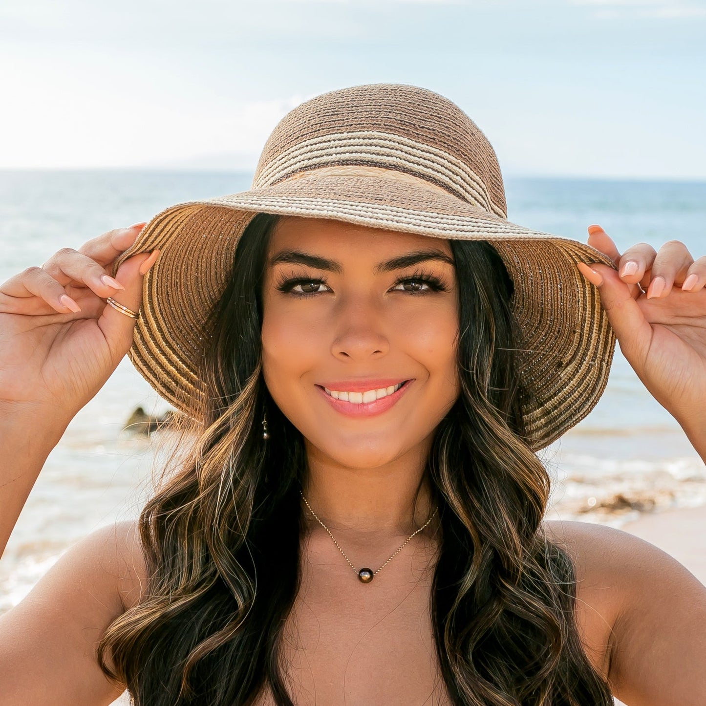 100% Straw Foldable Multi-Stripe Raffia Tie Bow Accent Wide Brim Sun Hat | One Size