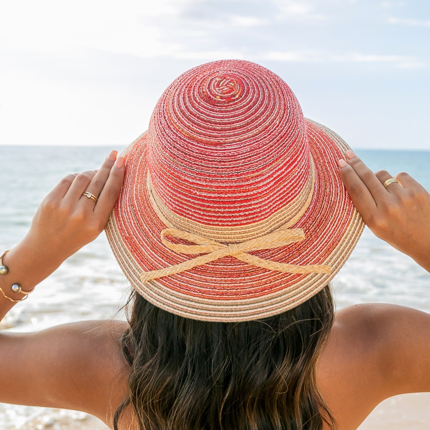 100% Straw Foldable Multi-Stripe Raffia Tie Bow Accent Wide Brim Sun Hat | One Size