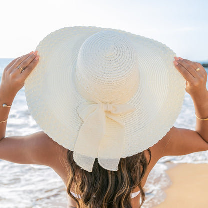 100% Straw Lined Foldable Scallop Edge Burlap Bow Wide Brim Sun Hat | One Size