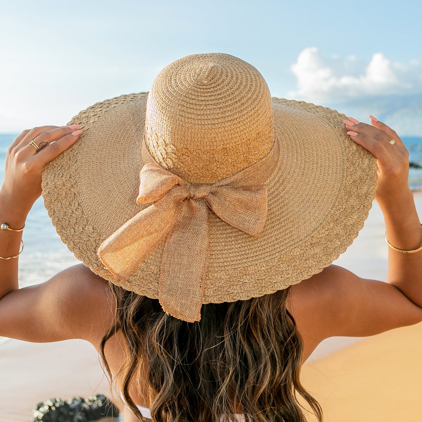 100% Straw Lined Foldable Scallop Edge Burlap Bow Wide Brim Sun Hat | One Size