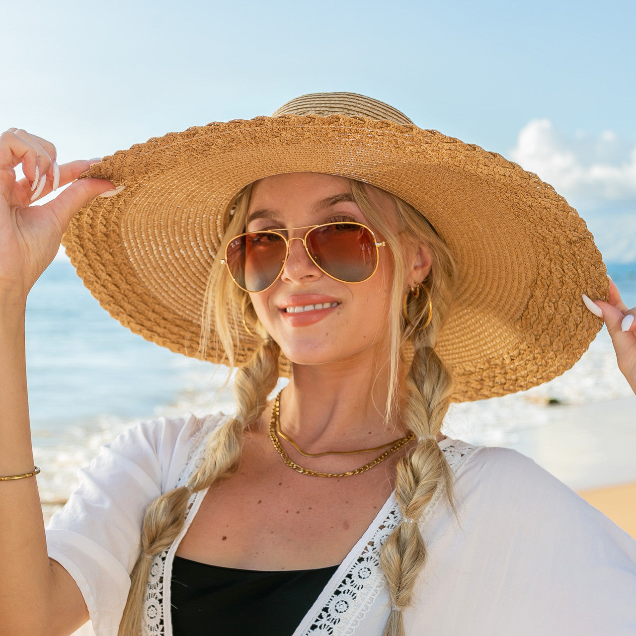 100% Straw Lined Foldable Scallop Edge Burlap Bow Wide Brim Sun Hat | One Size