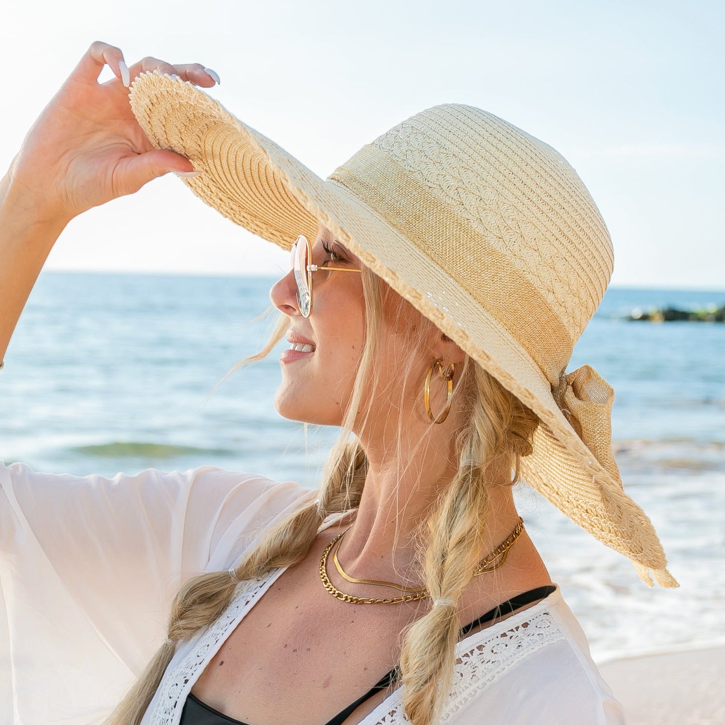 100% Straw Lined Foldable Scallop Edge Burlap Bow Wide Brim Sun Hat | One Size