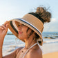 100% Breathable Straw Color Block Bow Detail Foldable Adjustable Velcro Wide Brim Roll-Up Sun Visor | One Size