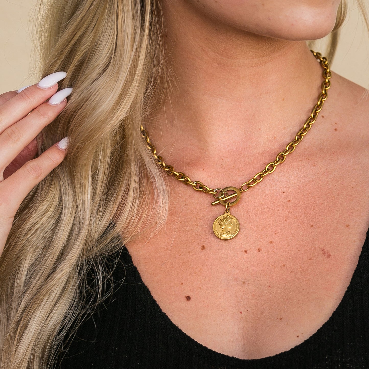 100% Stainless Steel Tarnish Free Coin Accent Chain Link Toggle Closure Necklace | 17.75"