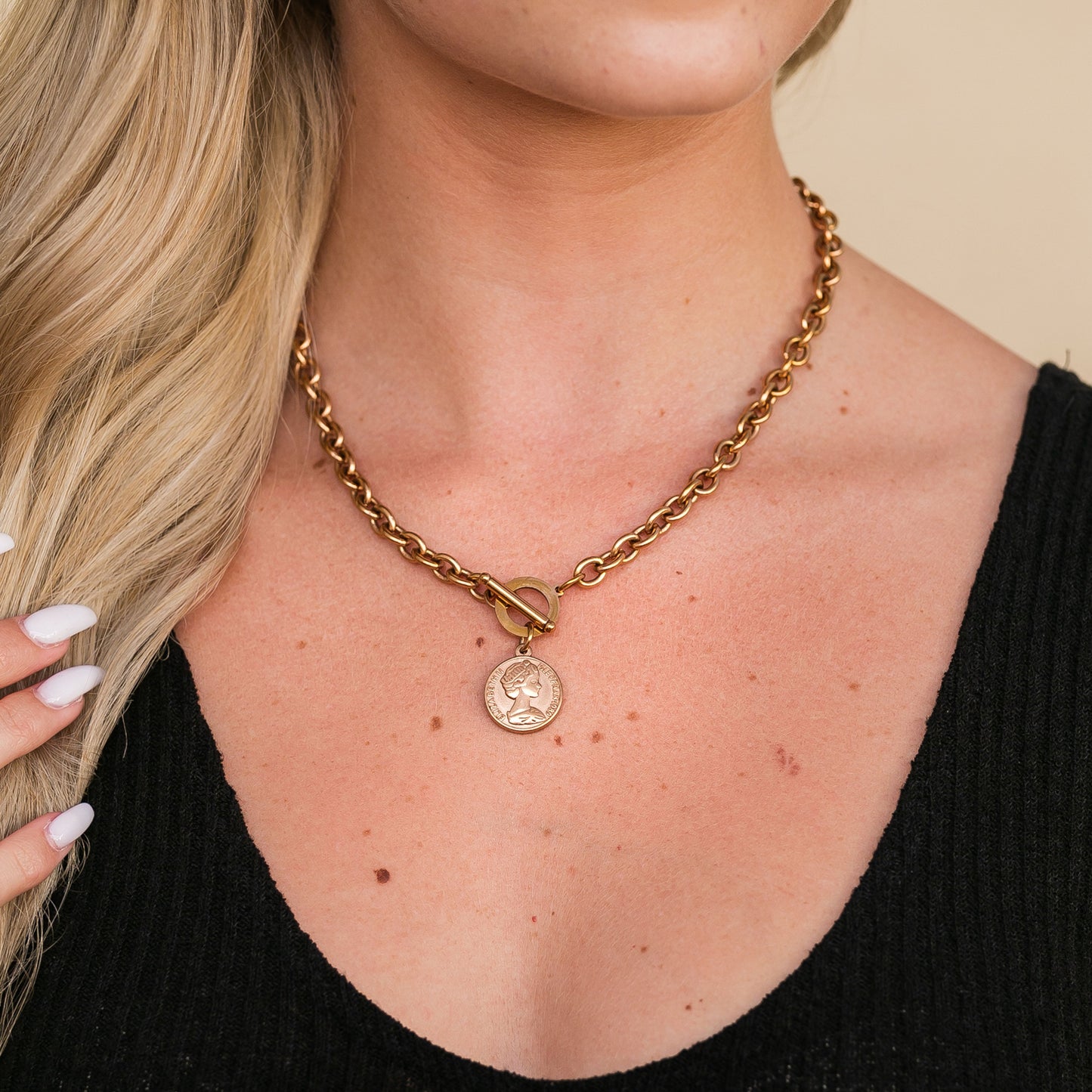 100% Stainless Steel Tarnish Free Coin Accent Chain Link Toggle Closure Necklace | 17.75"