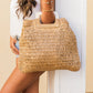 100% Straw Exterior Cotton Poly Lined Woven Oversized Tote Bag with Wood Handles | 17.5" x 15"