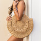 100% Straw Paper Exterior Cotton Lined PU Leather Strap Crochet Detail Circle Tote | 18" x 16.25"