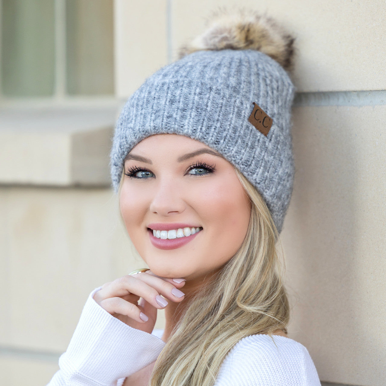 C.C® Acrylic Nylon Cozy Marled Knit Faux Fur Pom Beanie | One Size